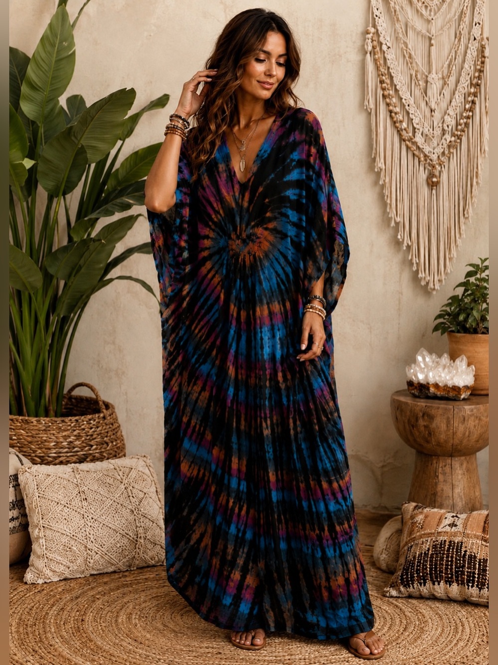 Dharma Trading Co. Multicolor Tie-Dye Kaftan Maxi Dress | One Size Boho Festival